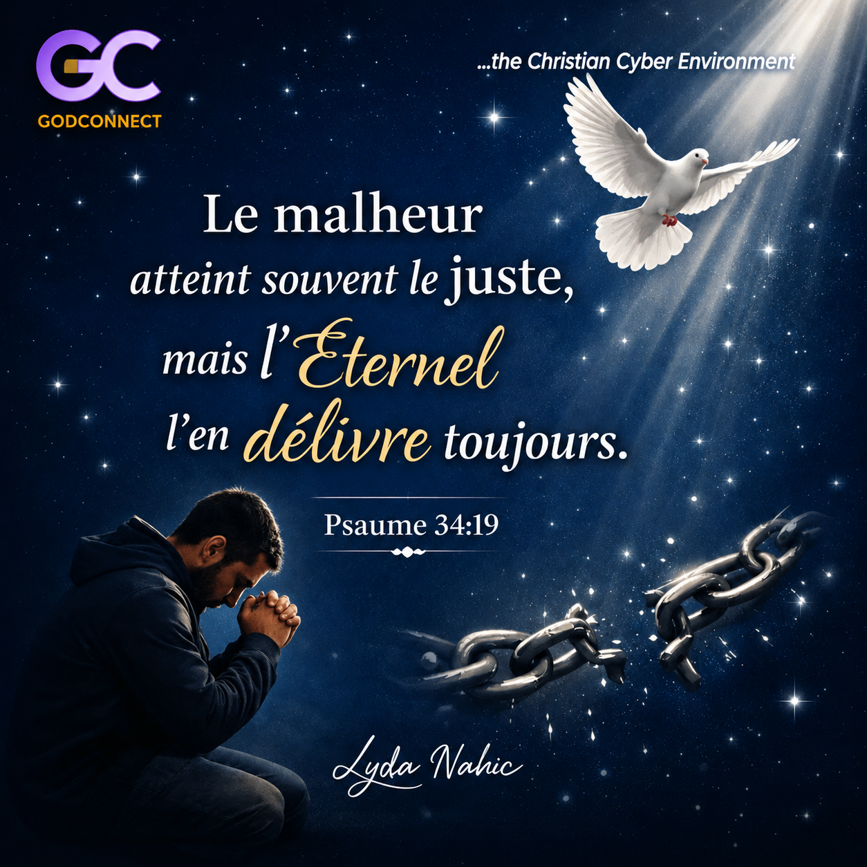 Bible verse graphic in French — Psalm 34:19
